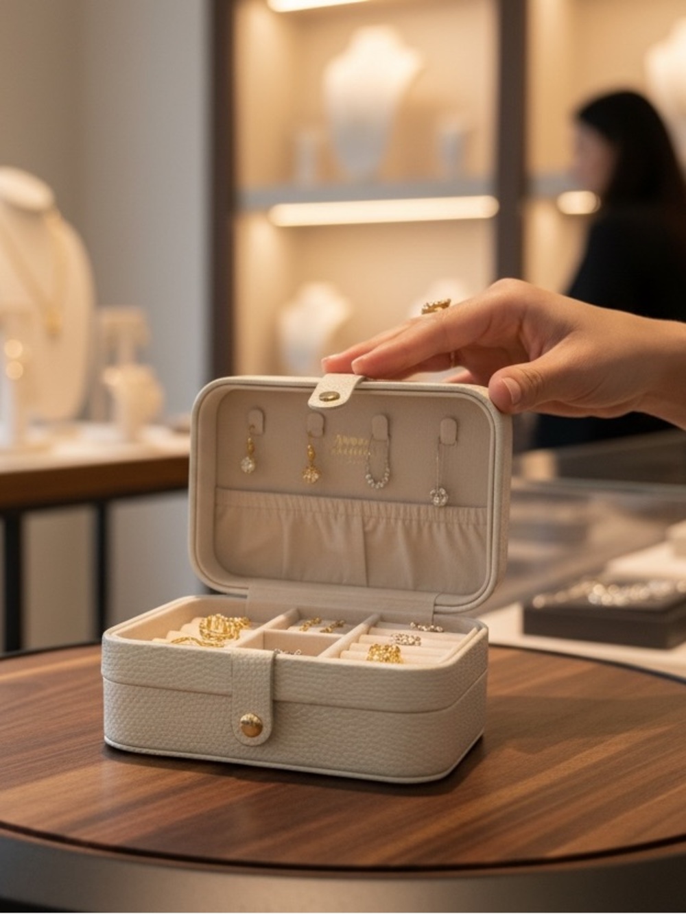 Compact Cream Jewelry Case with Snap Closure